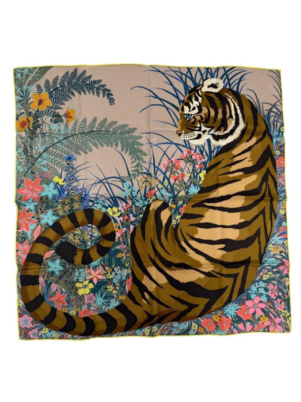 Hermes Carre 70 Tiger Silk 100% Beige Sandor Brown Multicolor Scarf
